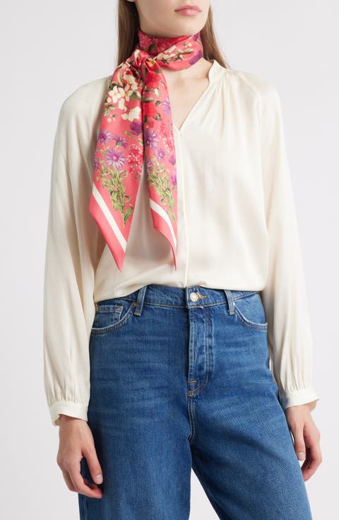 Floral Print Silk Skinny Scarf