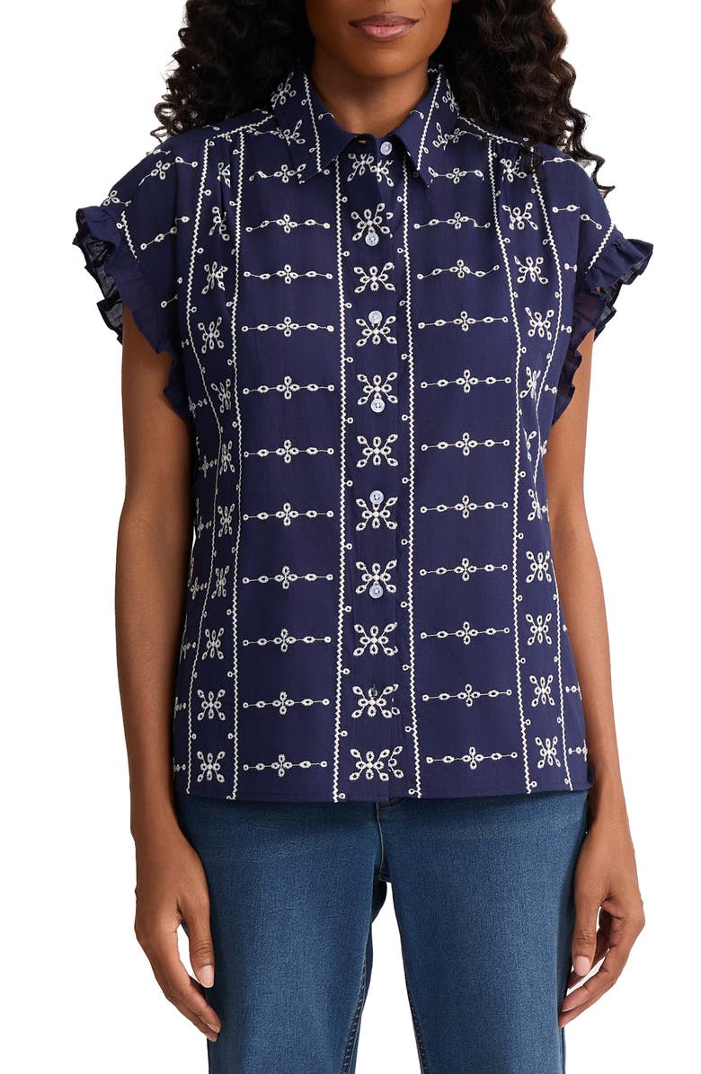 Jones New York Embroidered Shirt, Main, color, Pacific Navy / Natural White