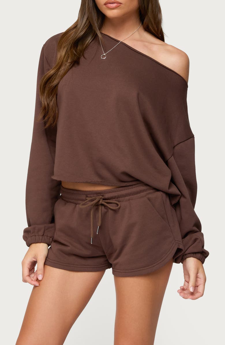 EDIKTED Kordelia One-Shoulder Sweatshirt, Main, color, Brown