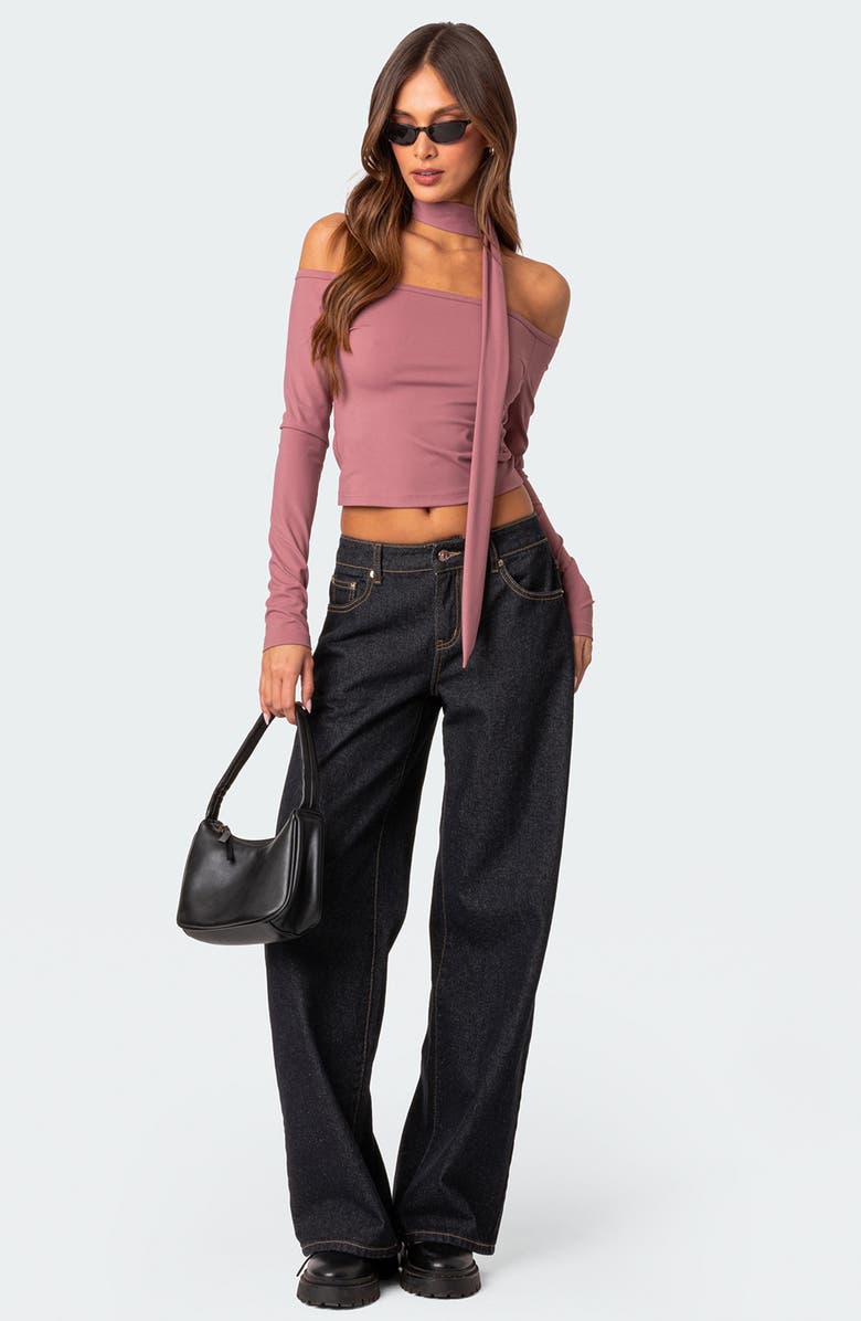 EDIKTED Off-the-Shoulder Long Sleeve Crop Top & Scarf, Alternate, color,