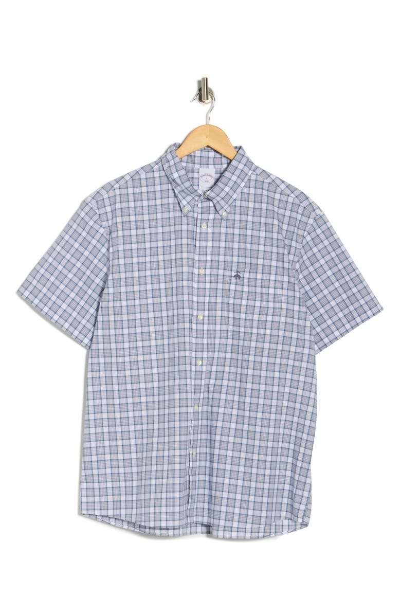 Brooks Brothers Sport Fit Plaid Short Sleeve Button-Down Shirt, Alternate, color, Aquifertartan