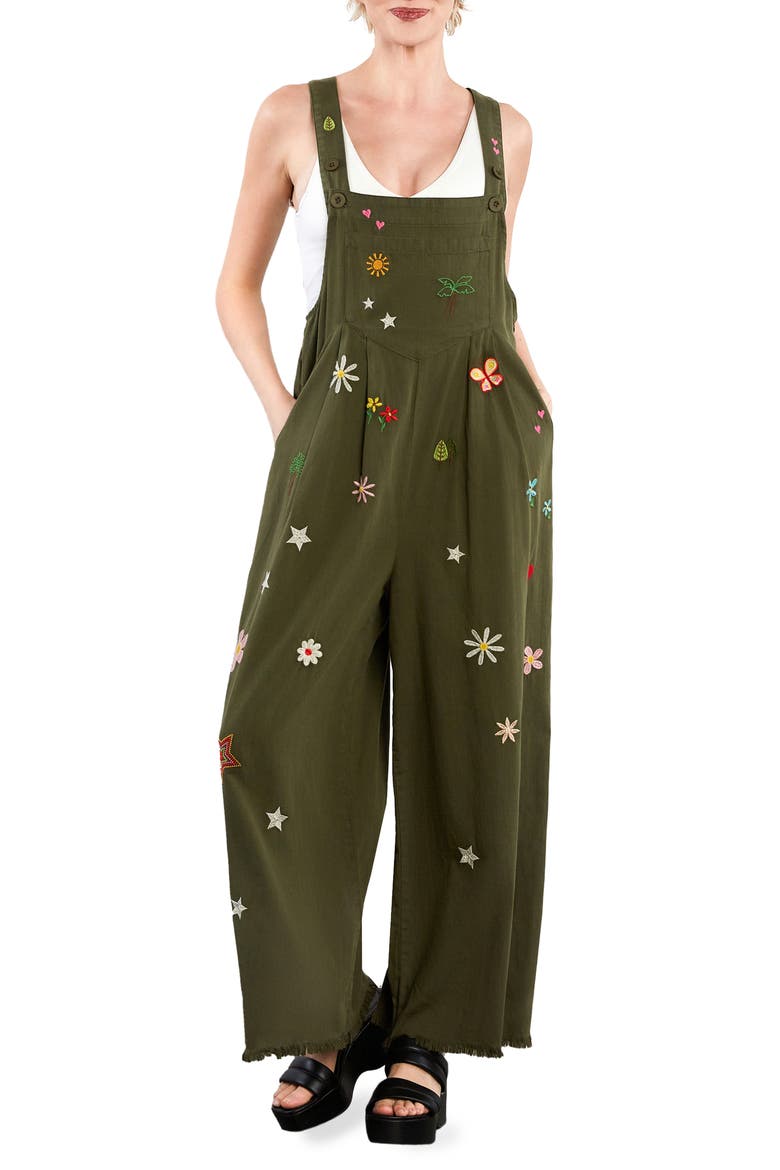 Oooh La La Embroidered Wide Leg Denim Overalls, Main, color, OLIVE
