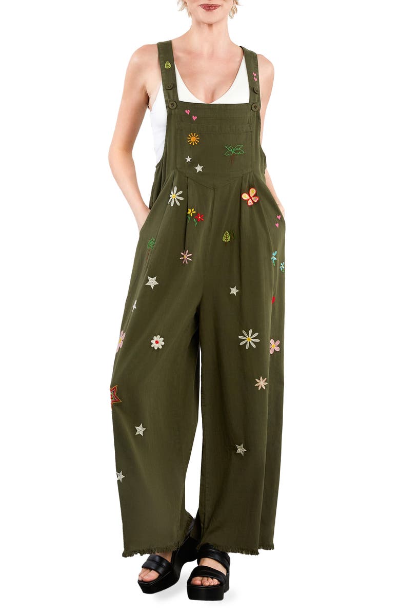 Billy T Oooh La La Embroidered Wide Leg Denim Overalls, Main, color, Olive