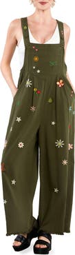 Billy T Oooh La La Embroidered Wide Leg Denim Overalls