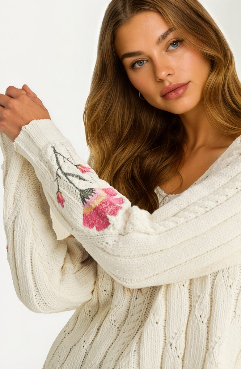 Knit and Lounge Floral Embroidered Cable Knit Sweater, Alternate, color, Ivory