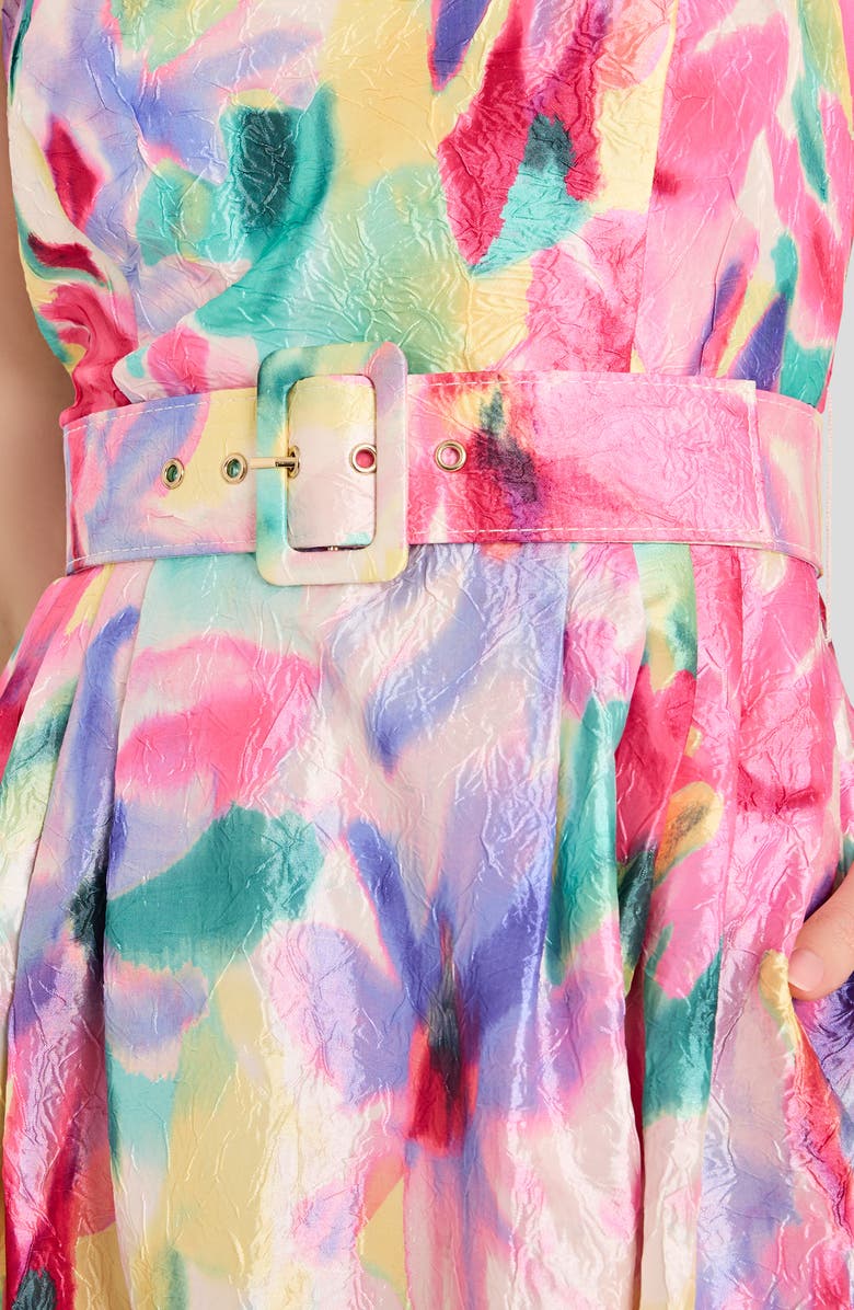 Tahari ASL Print Crinkle Belted Fit & Flare Dress, Alternate, color, Ivory Multi