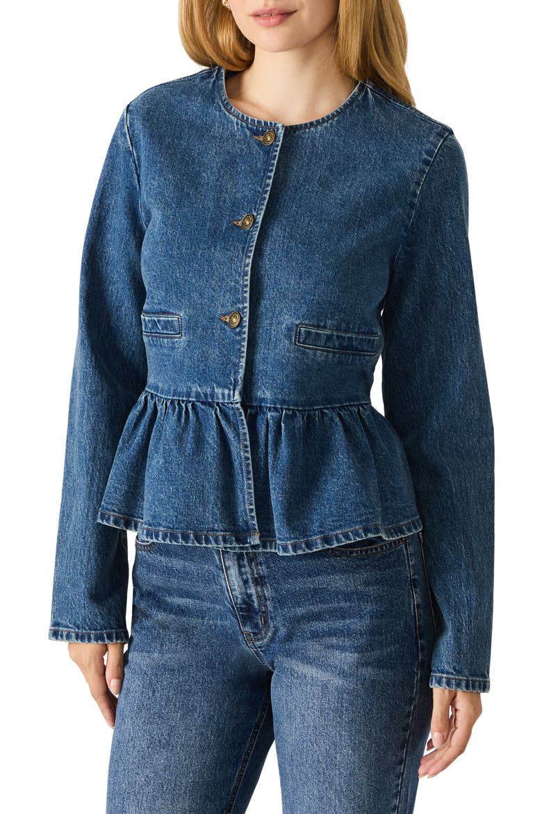 Abigale Peplum Denim Jacket, Main, color, DARK NAVY