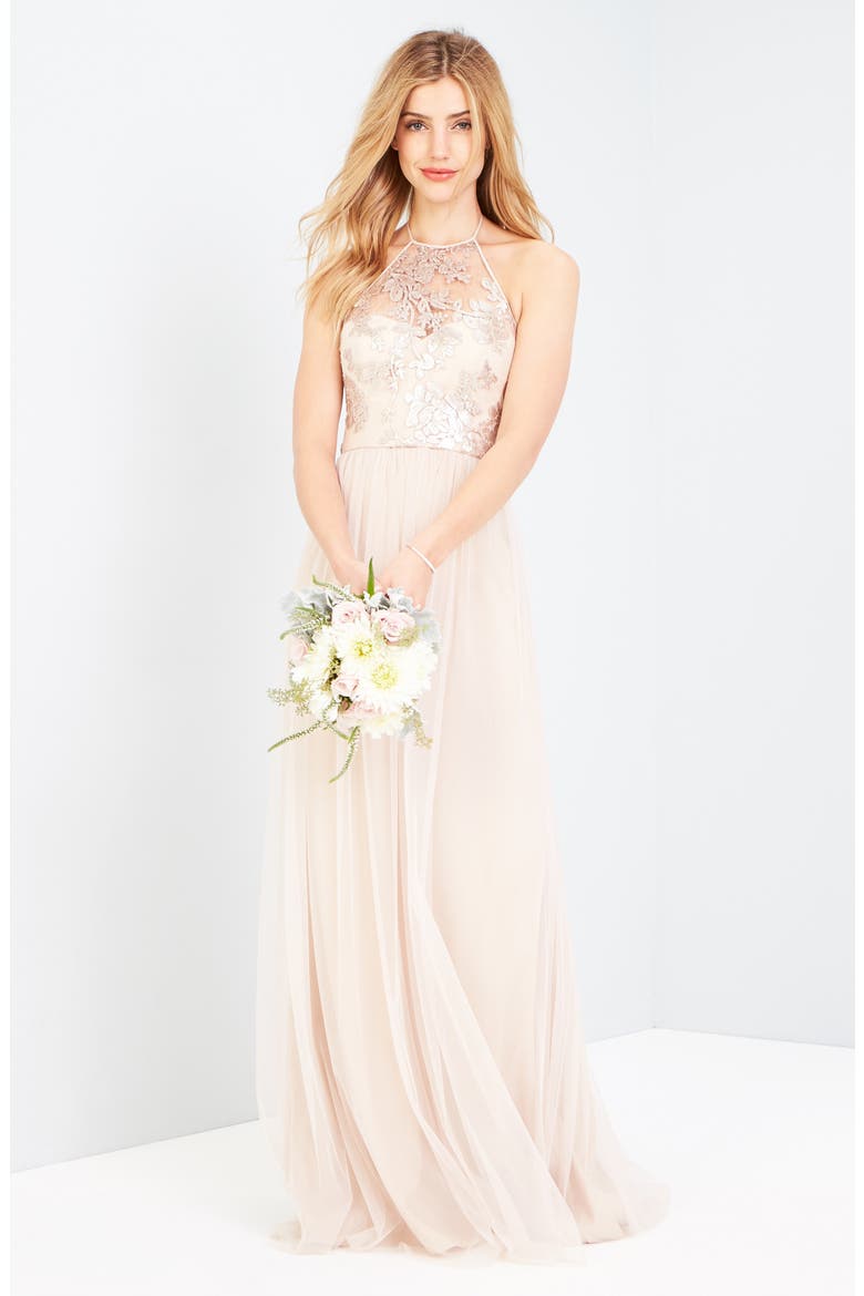Sheridan Sequin Halter Dress, Main, color, FAWN