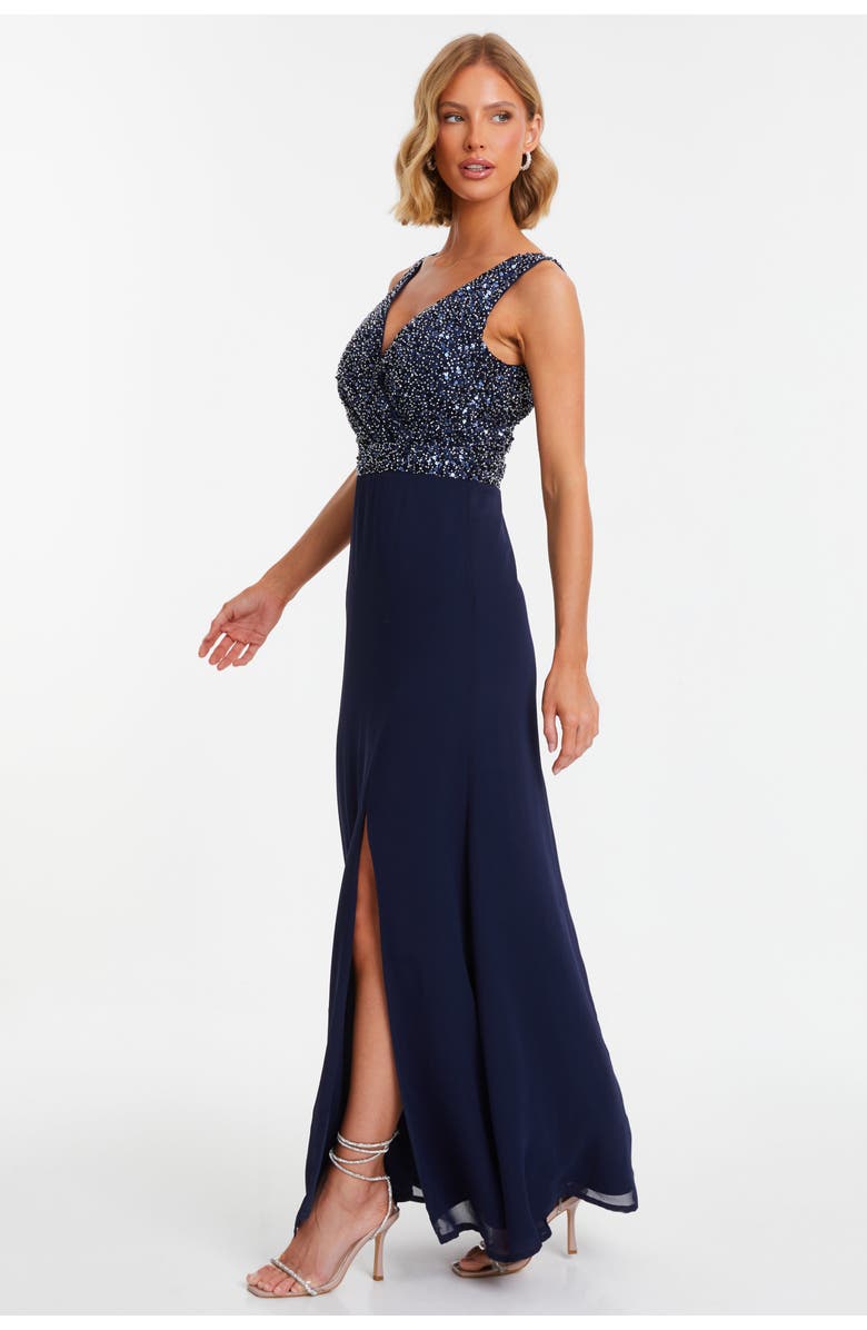 QUIZ Chiffon Embellished Wrap Split Evening Dress, Alternate, color, 