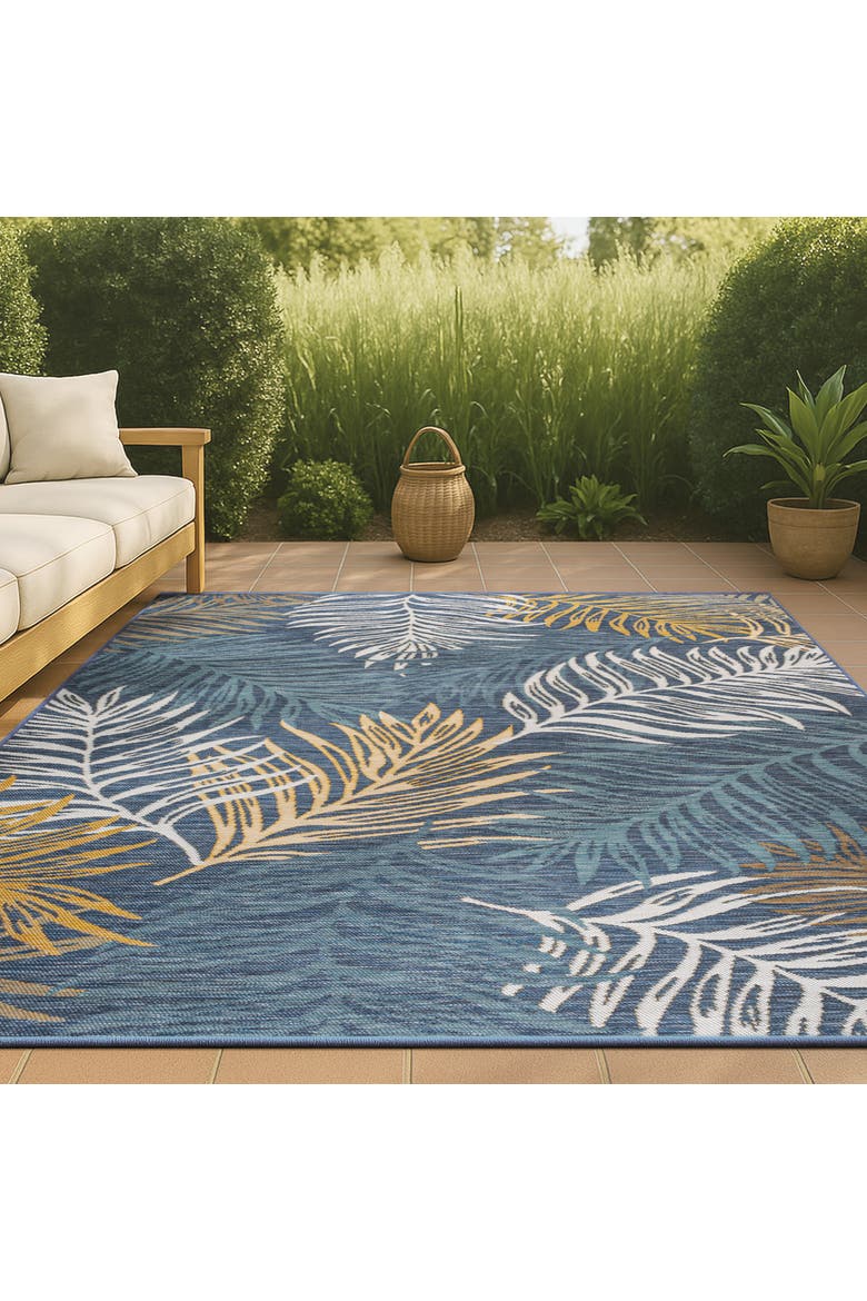 Calypso Coastal Casual Palm Frond Reversible Machine-Washable Indoor/Outdoor Area Rug, Alternate, color, Cream/Navy