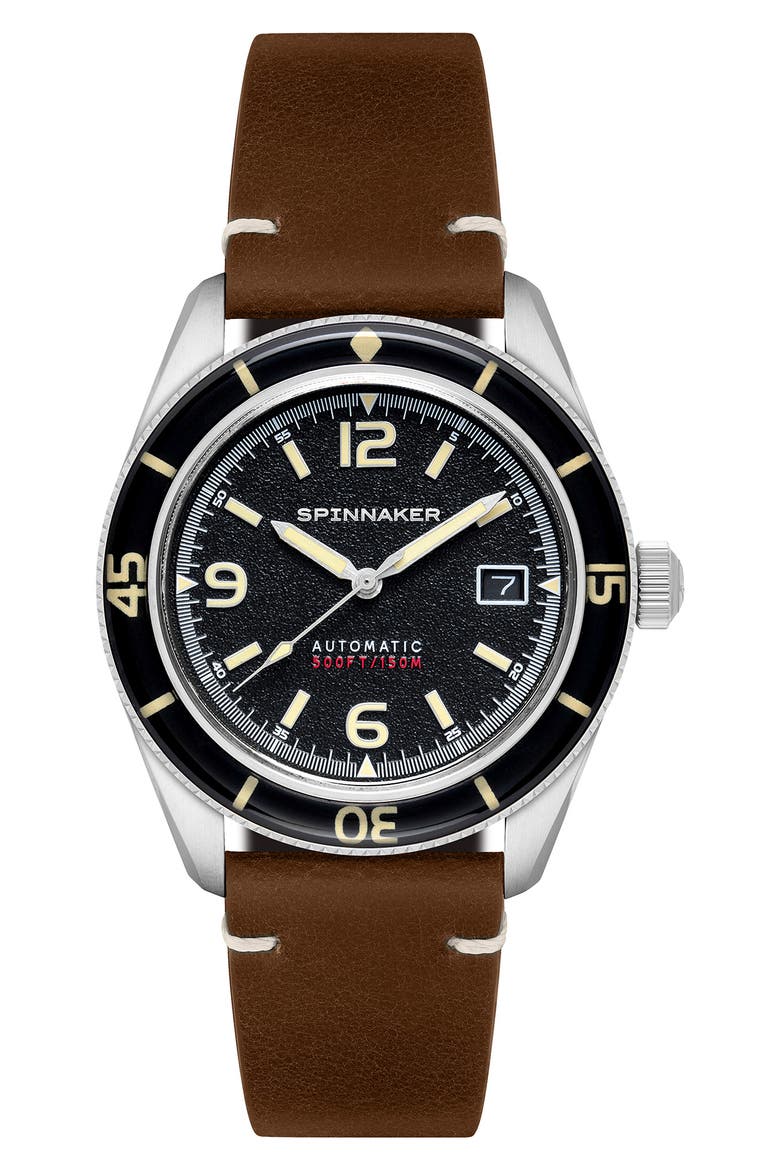 Fleuss Automatic Leather Strap Watch, 43mm, Main, color, BLACK