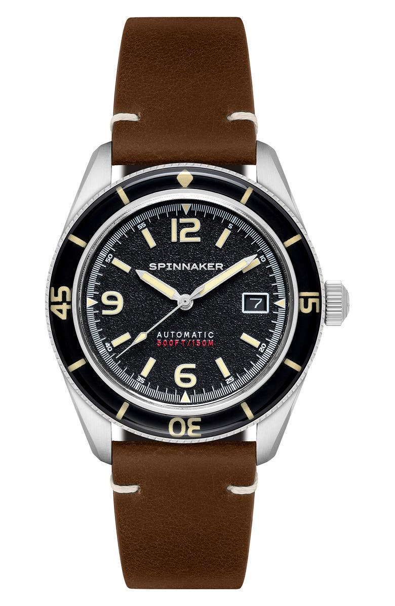 SPINNAKER Fleuss Automatic Leather Strap Watch, 43mm, Main, color, Black