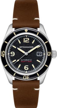 SPINNAKER Fleuss Automatic Leather Strap Watch, 43mm
