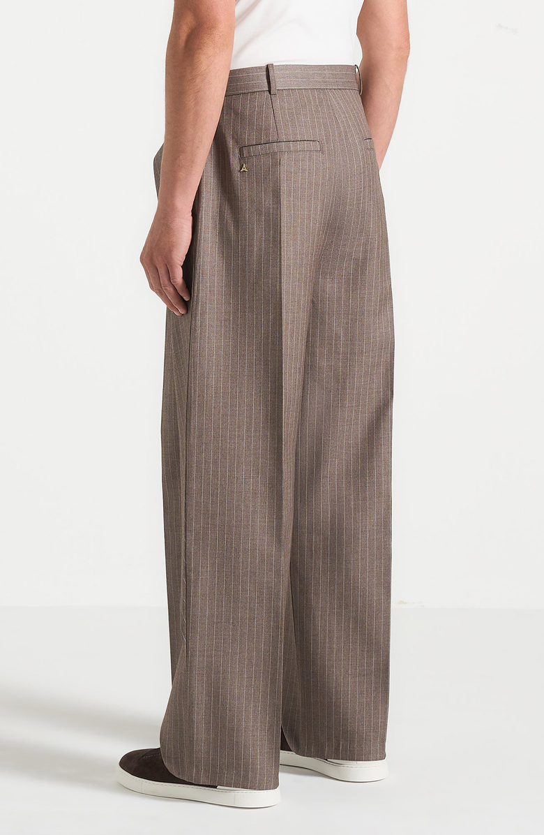 Manière De Voir Charles Wide Fit Wrap Leg Pinstripe Tailored Trousers, Alternate, color, Taupe