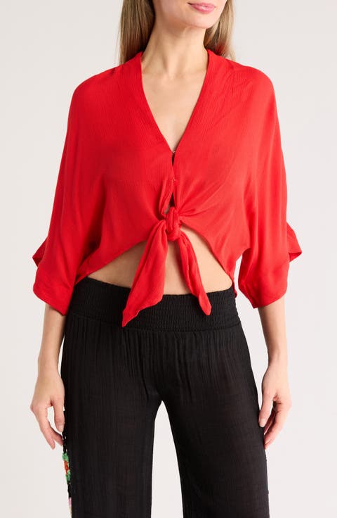 Three-Quarter Sleeve Tie Front Cover-Up Top