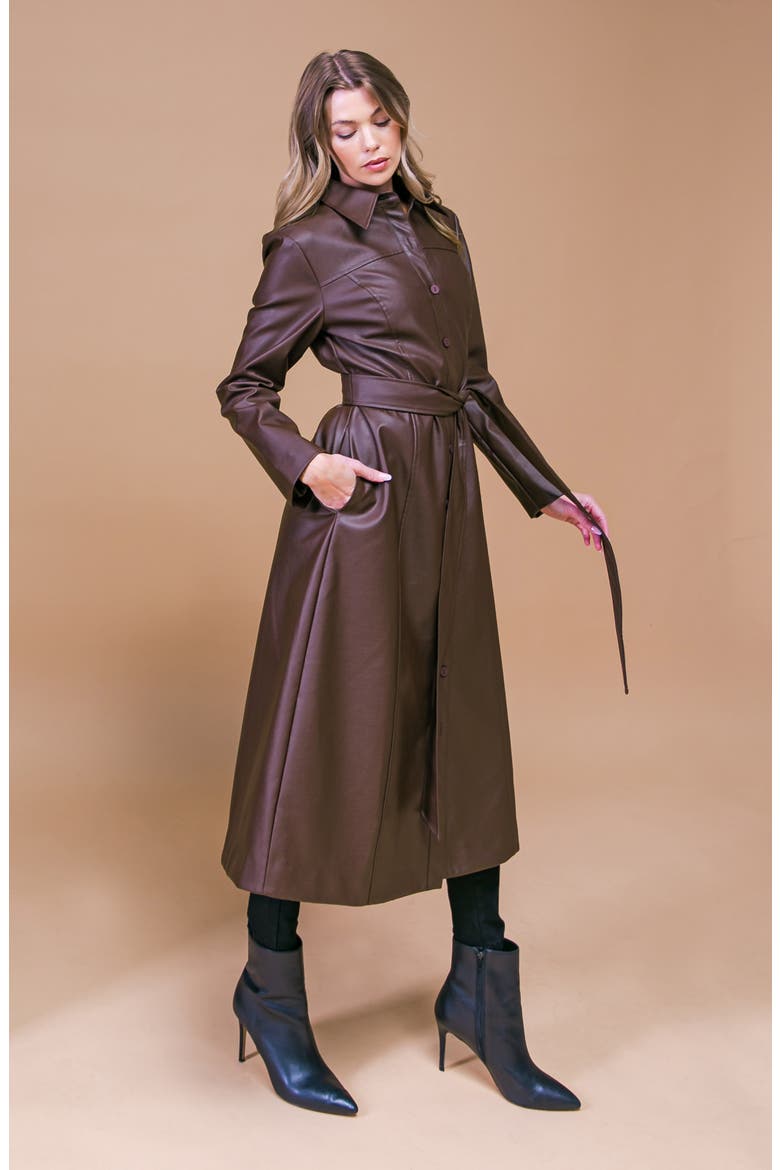 Belted Faux Leather Coat, Alternate, color, BROWN