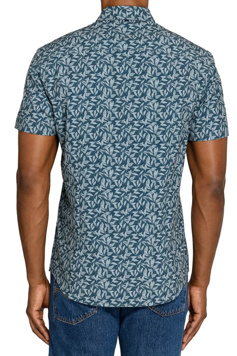 Leaf Print Short Sleeve Button-Up Shirt, Alternate, color, GREEN