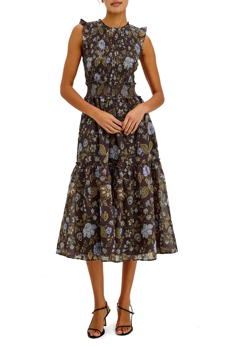 Vivier Floral Smocked Sleeveless Dress, Main, color, WILLOW