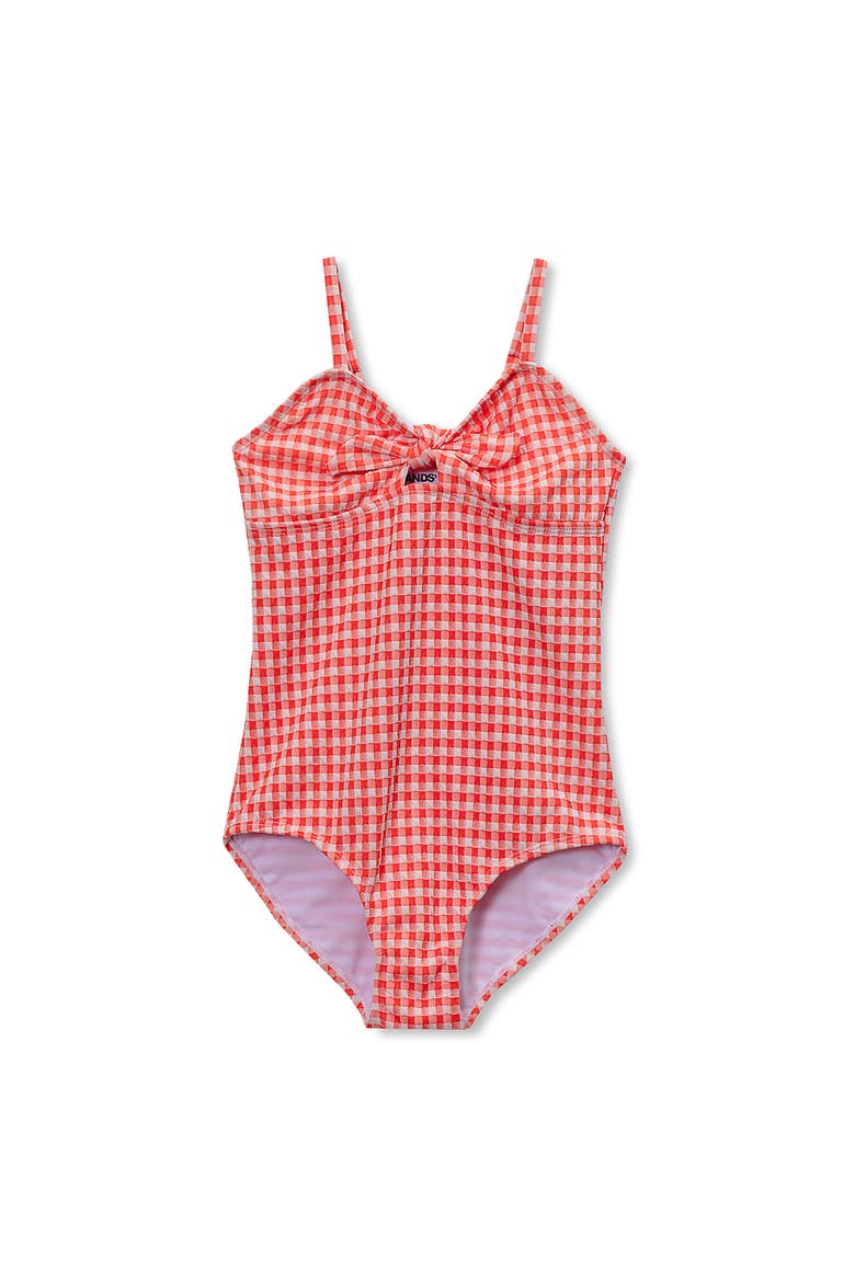 Girls Chlorine Resistant Cutout One Piece Swimsuit, Main, color, Coral/Gingham