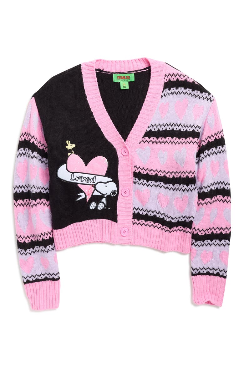 Kids' Peanuts® V-Day Snoopy Heart Cardigan, Main, color, BLACK