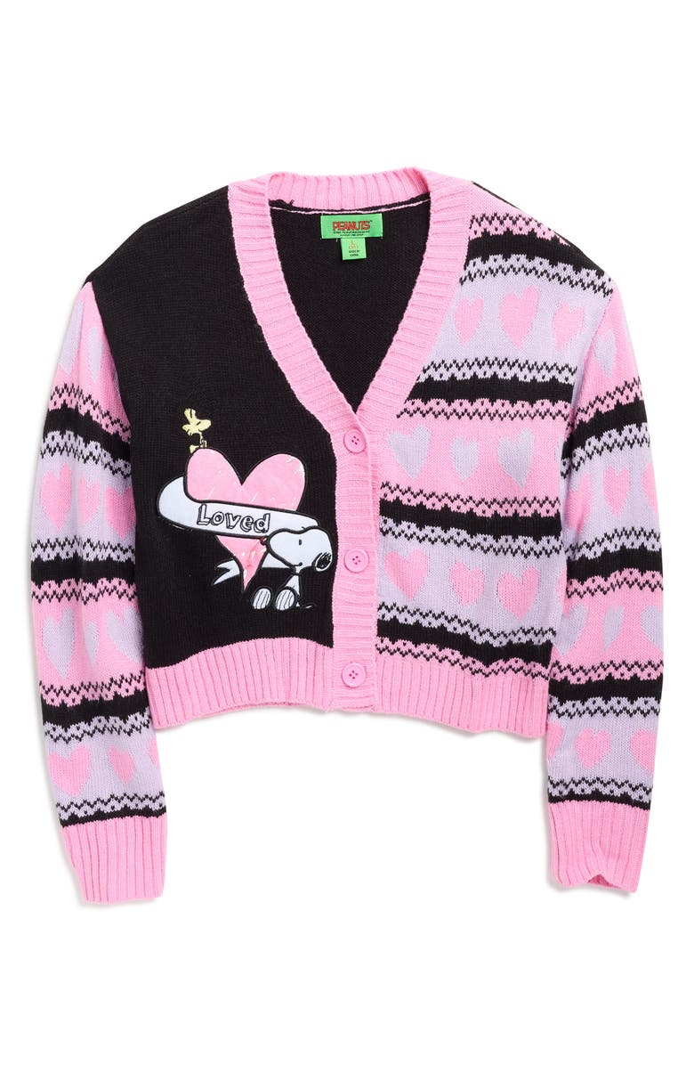 PEANUTS Kids' Peanuts<sup>®</sup> V-Day Snoopy Heart Cardigan, Main, color, Black