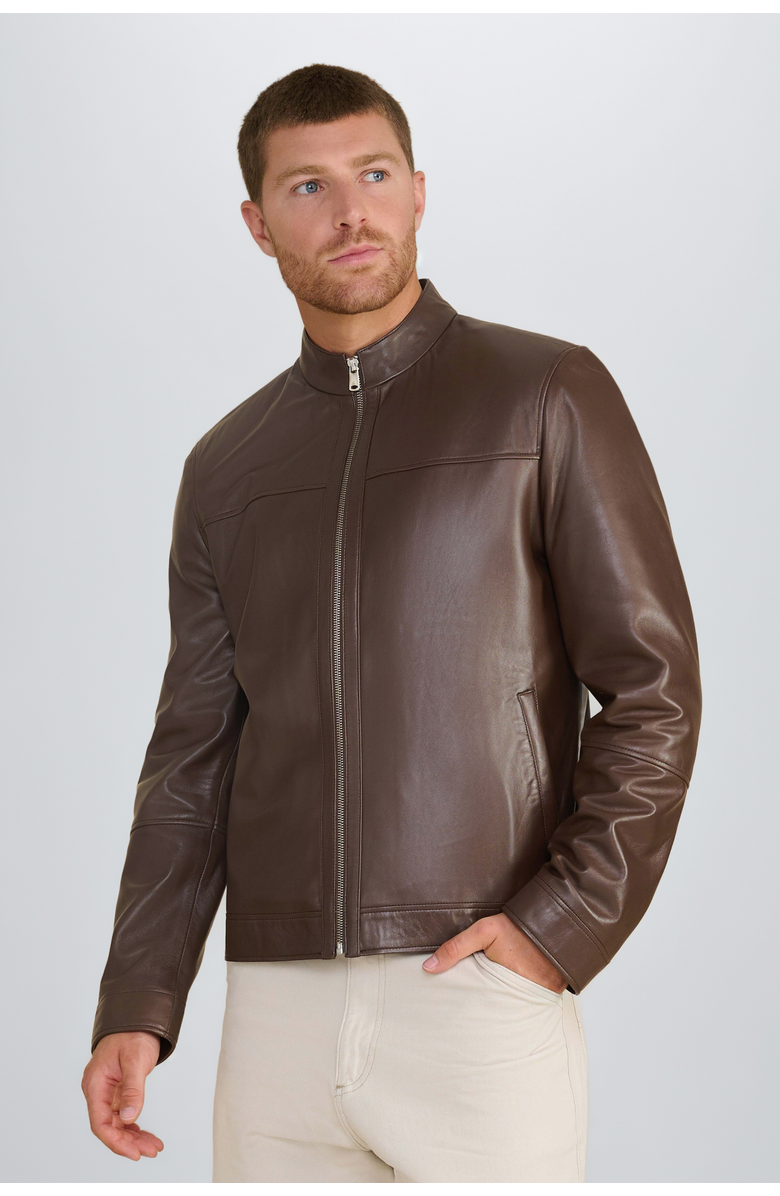 FURNIQ UK Otis Racer Leather Jacket, Main, color, Brown