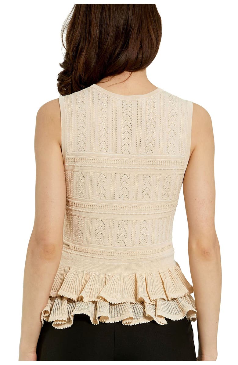 Mac Duggal Sleeveless High Neck Knit Top With Ruffle Hem, Alternate, color, Oat