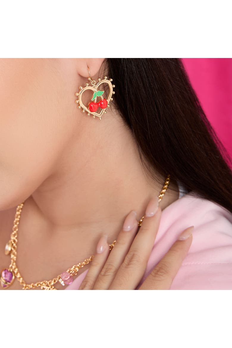 Cherry Heart Drop Earrings, Alternate, color, Gold tone, red