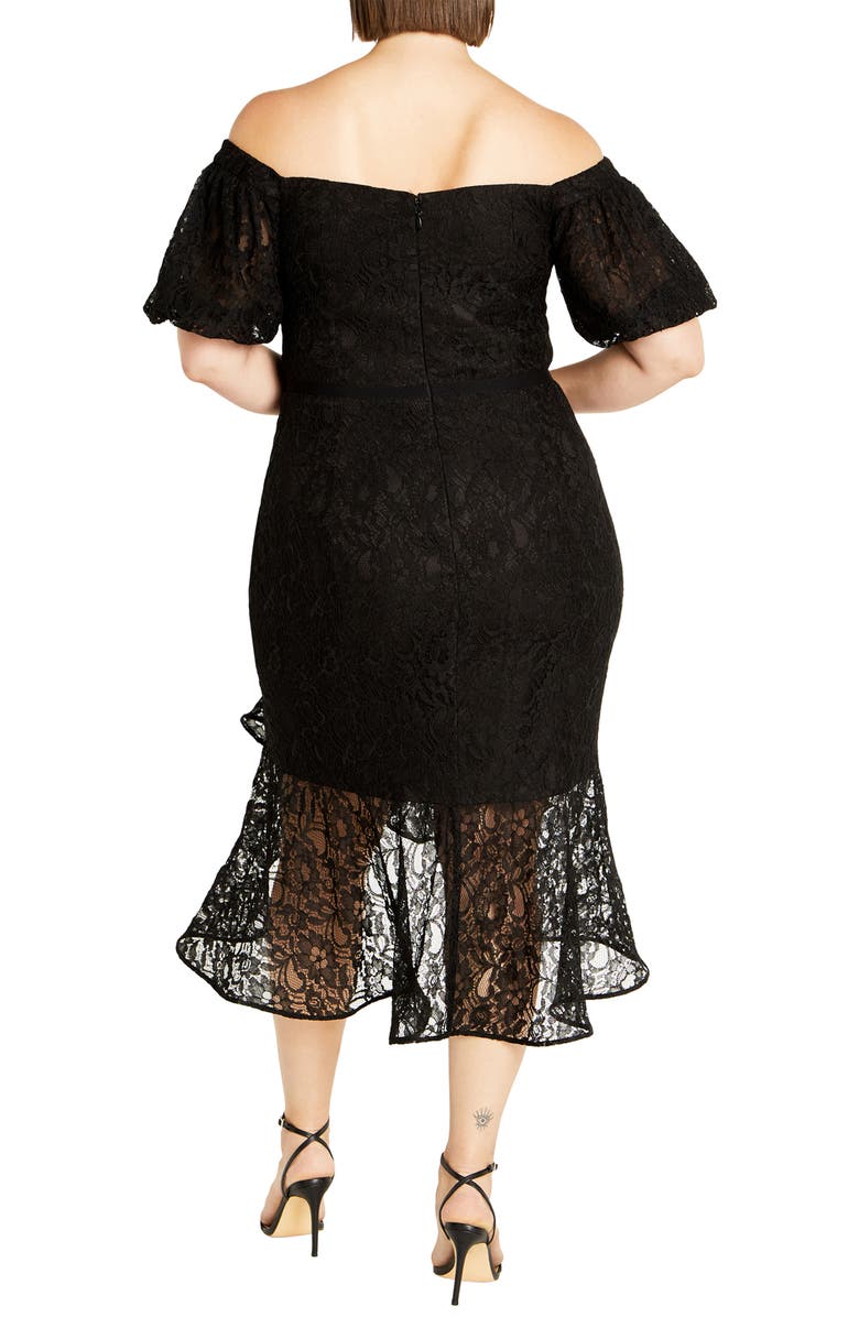 City Chic Lily Off the Shoulder Lace Dress, Alternate, color, Black