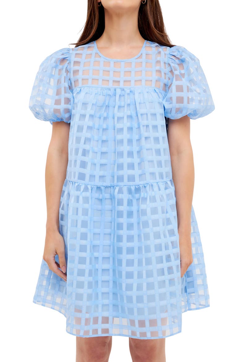 Gridded Puff Sleeve Dress, Alternate, color, OCEAN BLUE