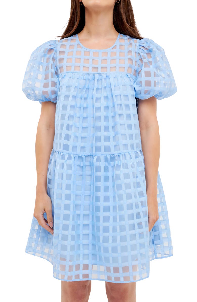 English Factory Gridded Puff Sleeve Dress, Alternate, color, Ocean Blue