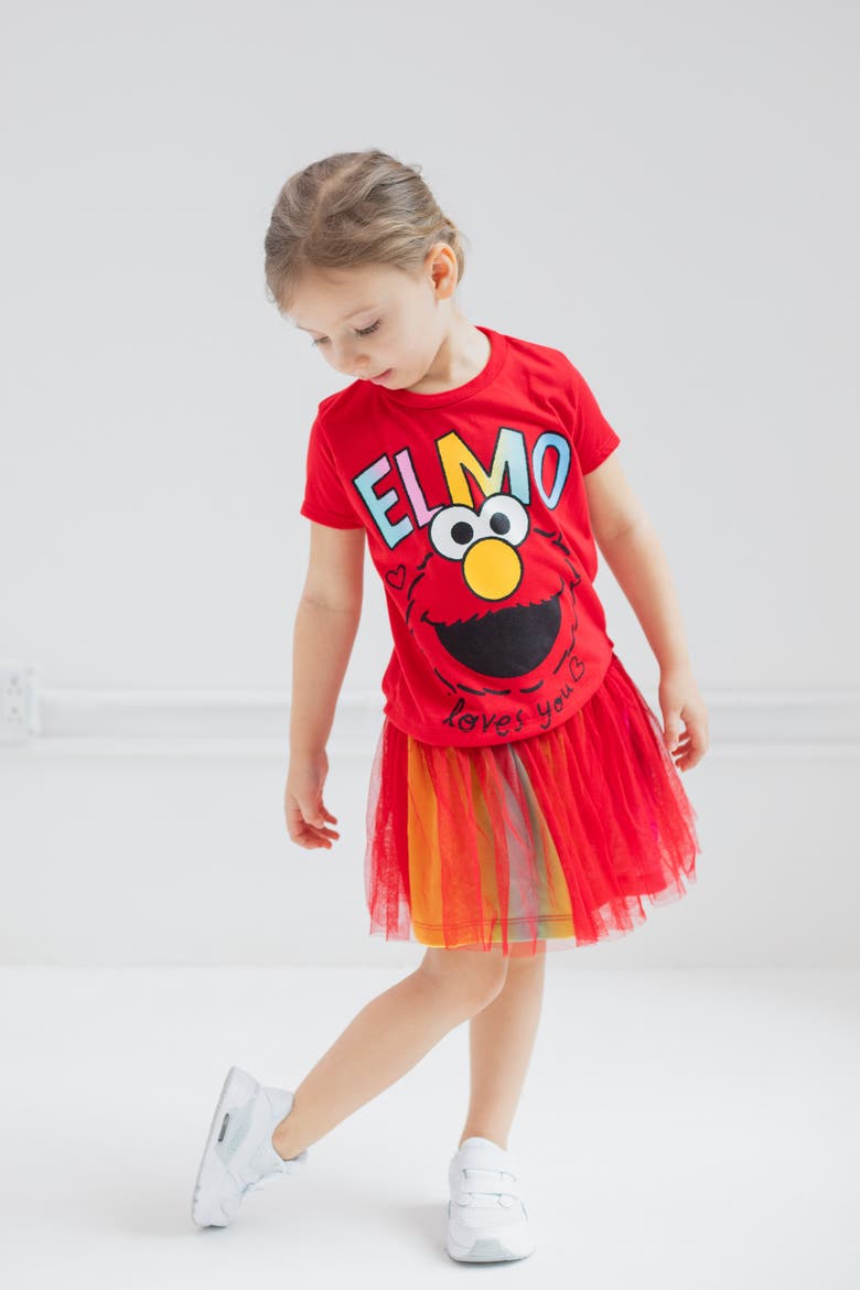 T-Shirt and Tutu Skirt Set, Alternate, color, Elmo Red Rainbow