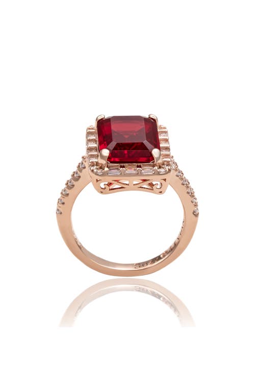 Suzy Levian Rose Sterling Silver Large Emerald-cut Red Cubic Zirconia And Baguette White Cubic Zirconia Halo Rin In Metallic