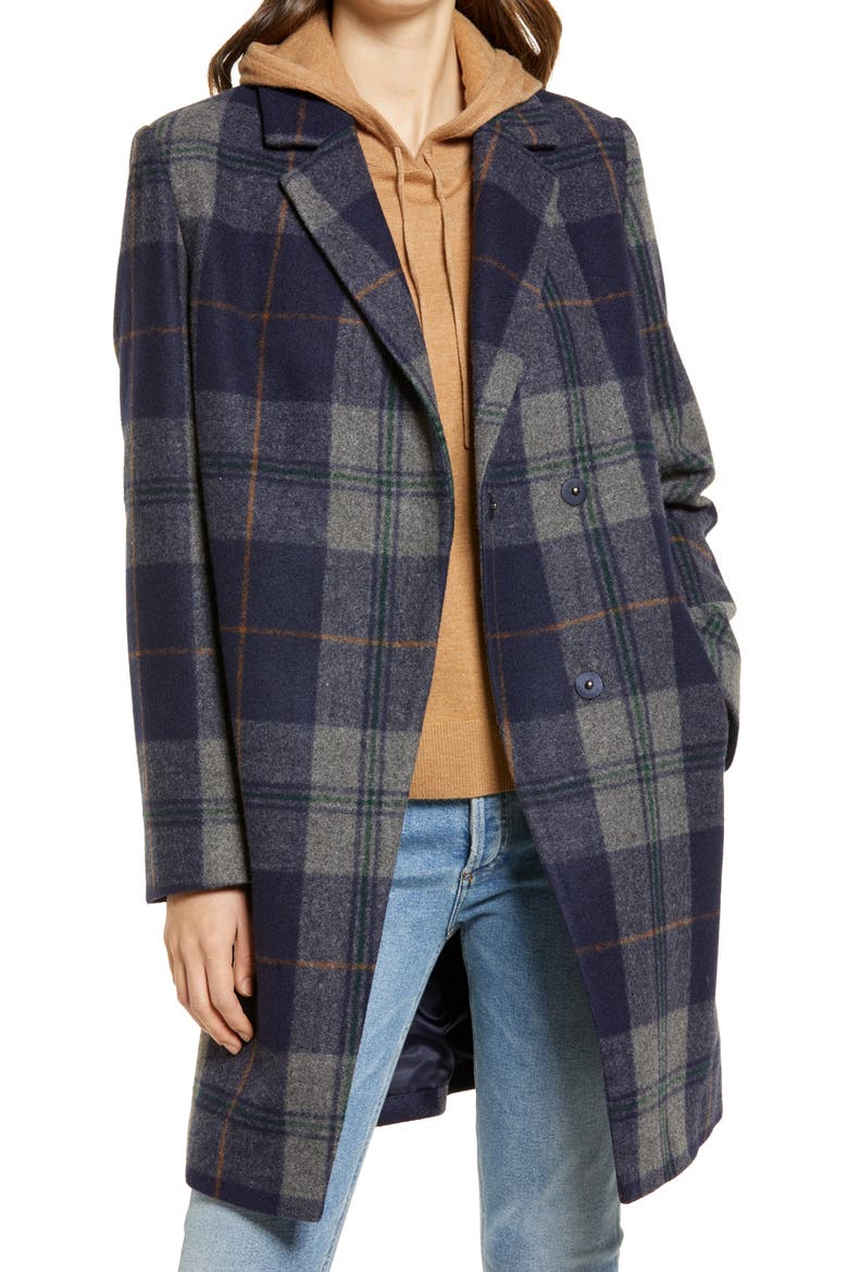 Plaid Notch Collar Coat, Main, color, BLUE PLAID