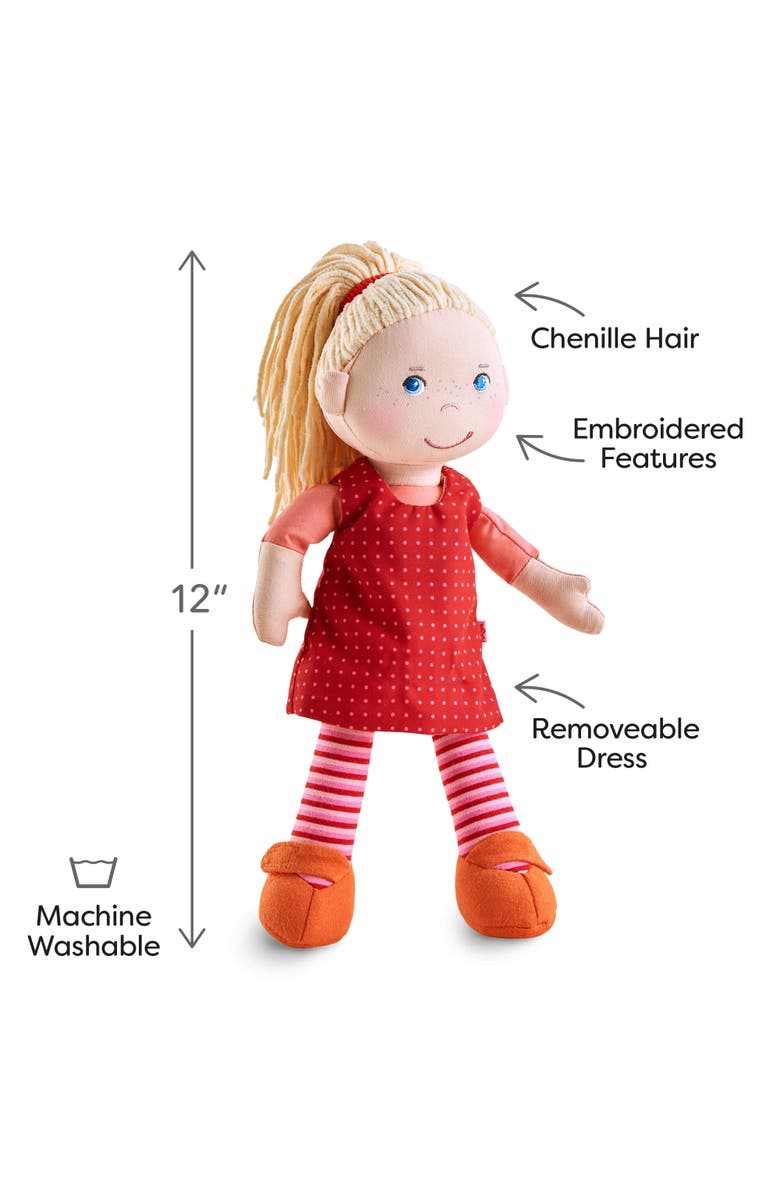 HABA 12" Soft Baby Doll Annelie with Blonde Hair, Embroidered Face, Removable Red Dress and Matching Hairband - Washable Toddler Doll for 18 Months+, Alternate, color, Red Multi