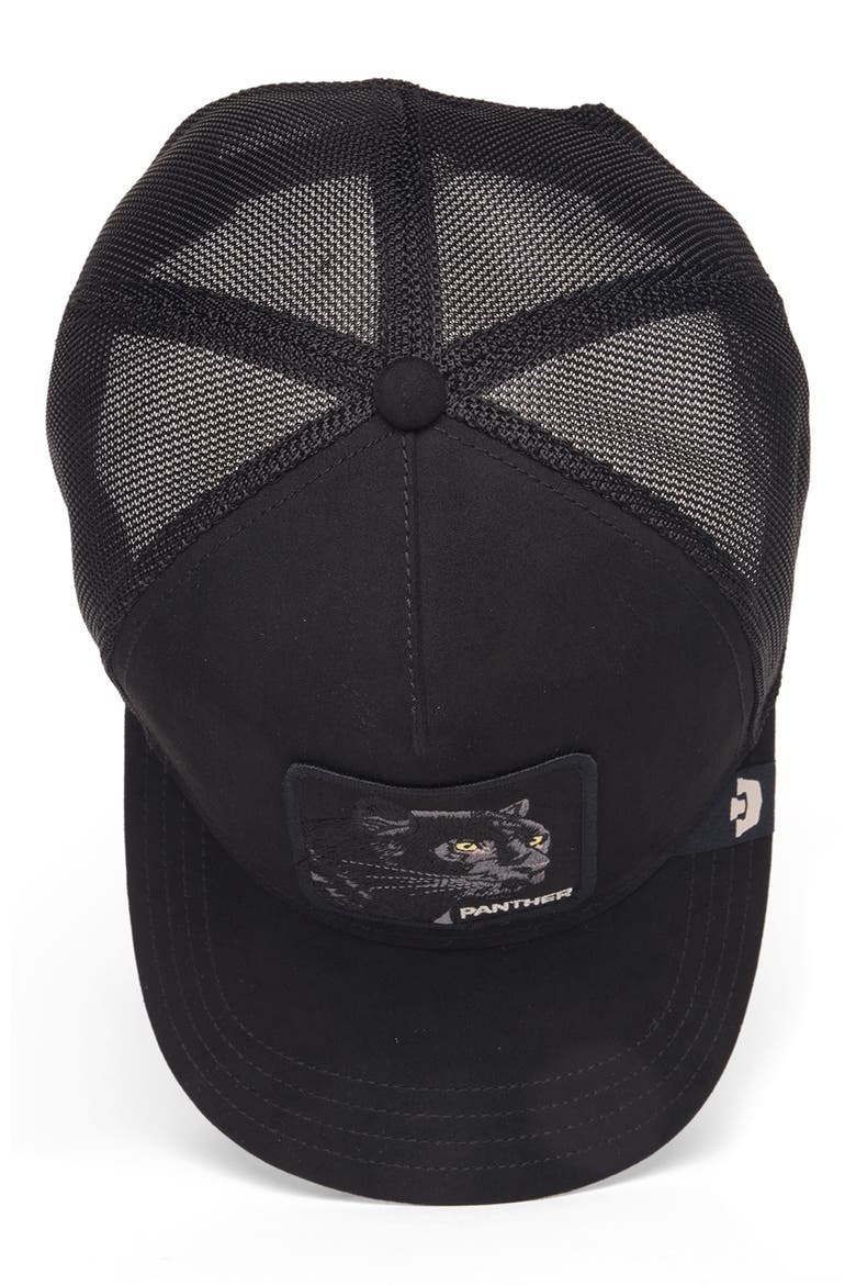 Panther Patch Faux Suede Snapback Trucker Hat, Alternate, color, VOID
