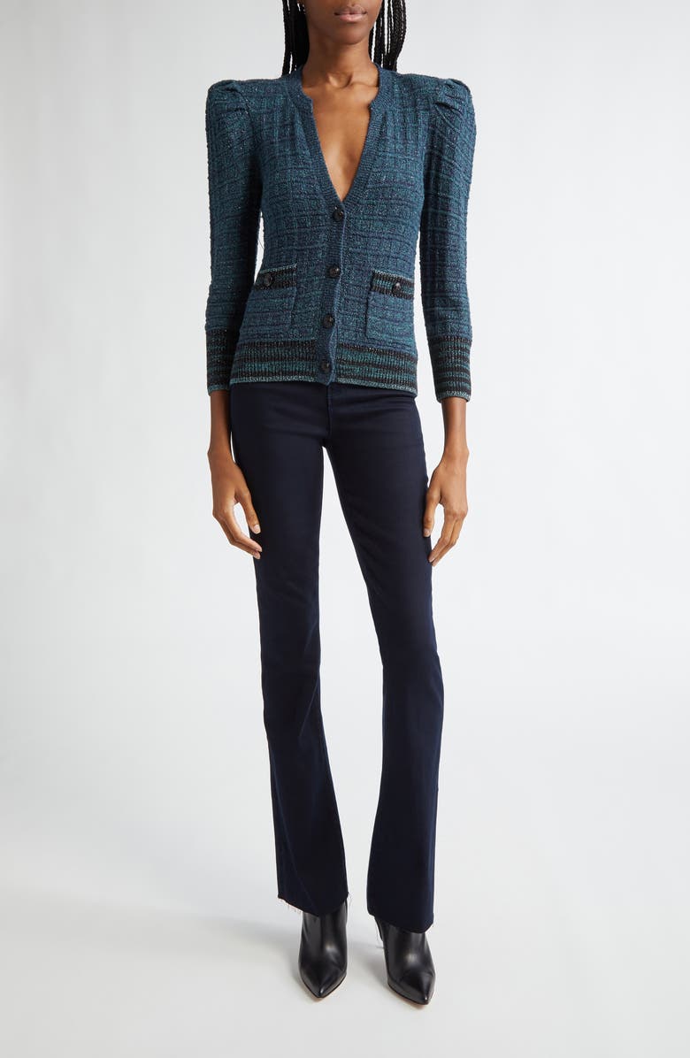 L'AGENCE Jenni Puff Shoulder Waffle Stitch Cardigan, Alternate, color, Deep Teal Multi