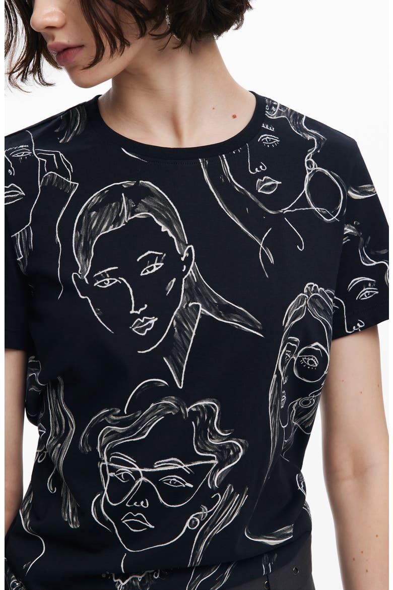 Caras Faces Print Cotton T-Shirt, Alternate, color, BLACK