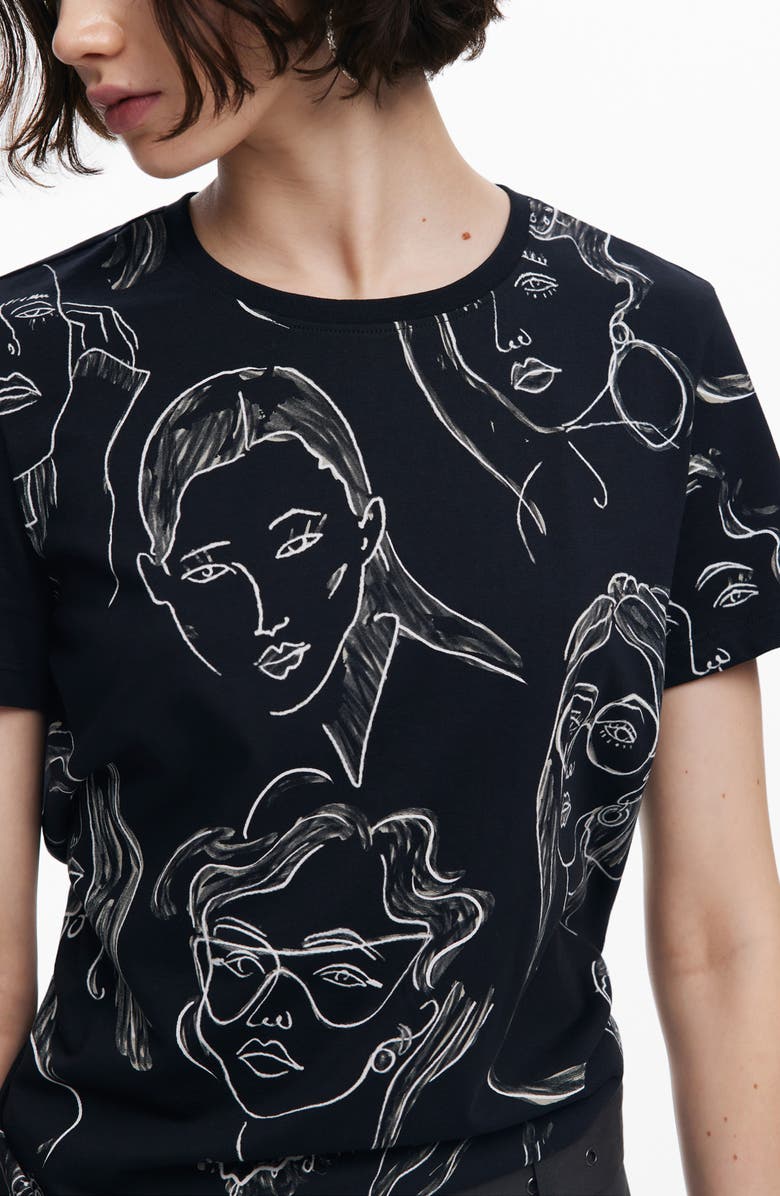 Desigual Caras Faces Print Cotton T-Shirt, Alternate, color, 