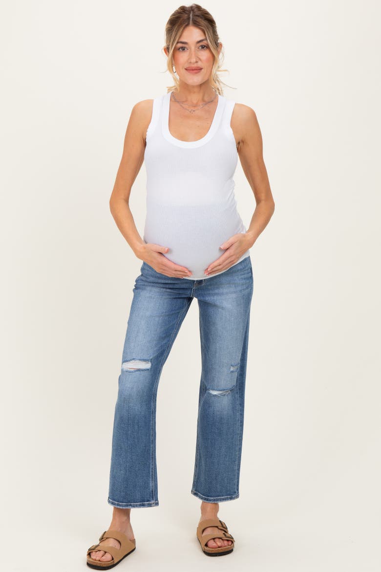 Distressed Open Knee Ankle Straight Leg Maternity Jeans, Main, color, Blue