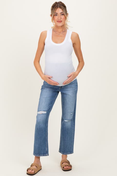 Distressed Open Knee Ankle Straight Leg Maternity Jeans