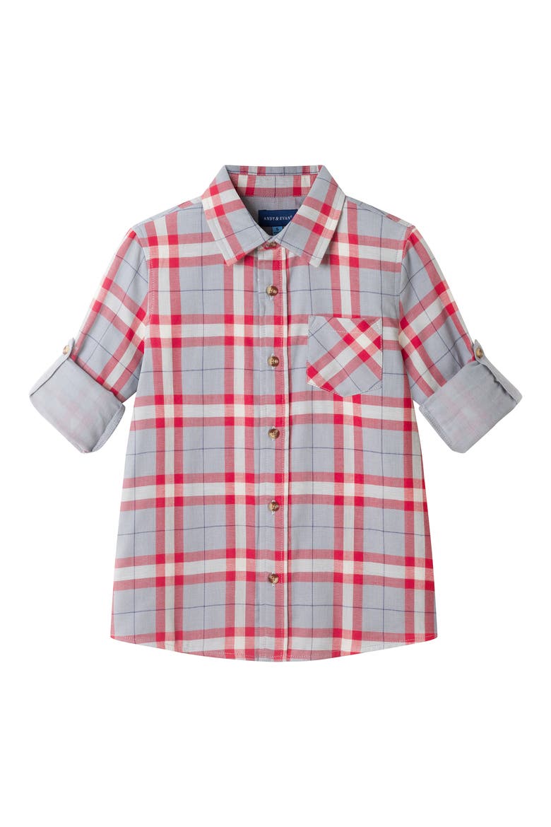Kids' Plaid Cotton Button-Up Shirt, Alternate, color, RED/GREY