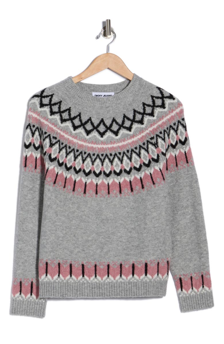 DKNY Jeans Fair Isle Crewneck Sweater, Alternate, color, Pink/ Grey Combo