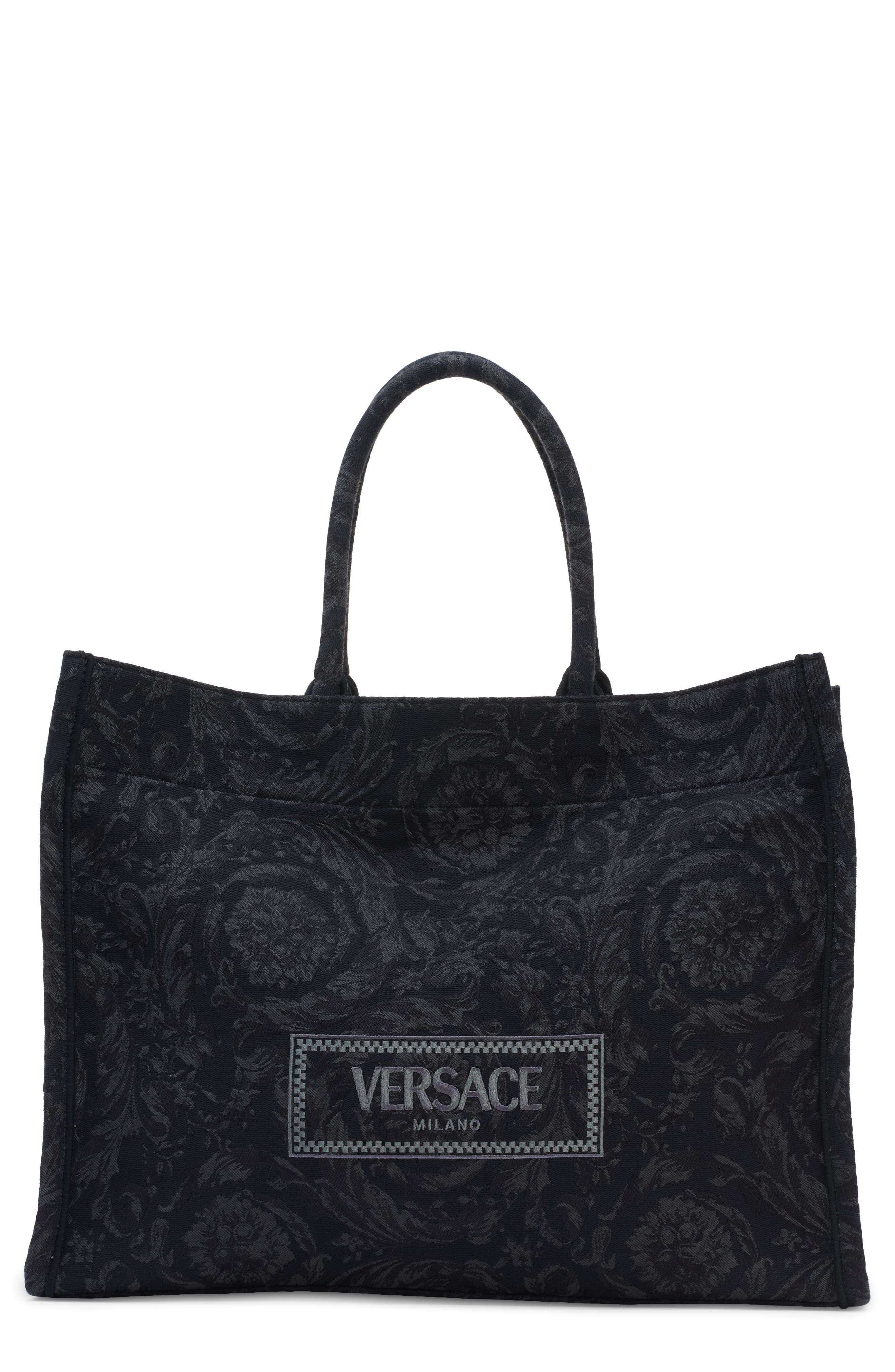 Versace Extra Large Logo Embroidered Barocco Jacquard Tote, Main, color, Black Black Versace Gold