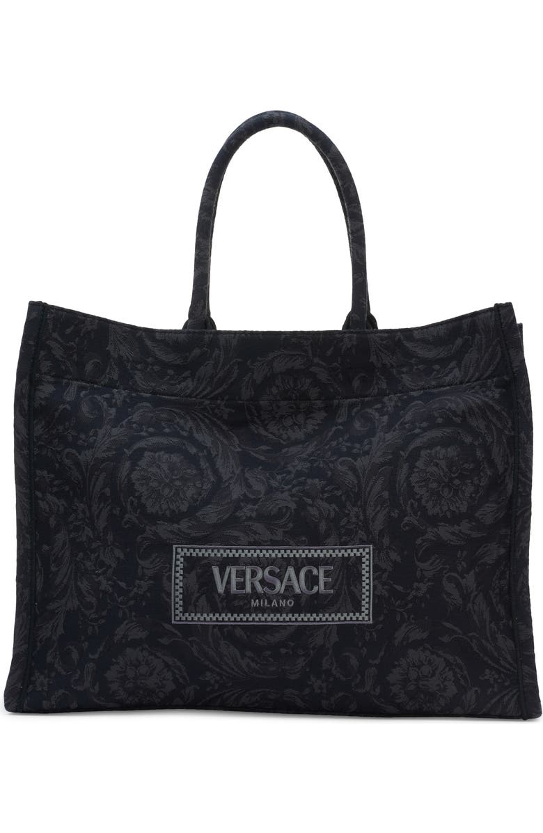 Versace Extra Large Logo Embroidered Barocco Jacquard Tote, Main, color, Black Black Versace Gold
