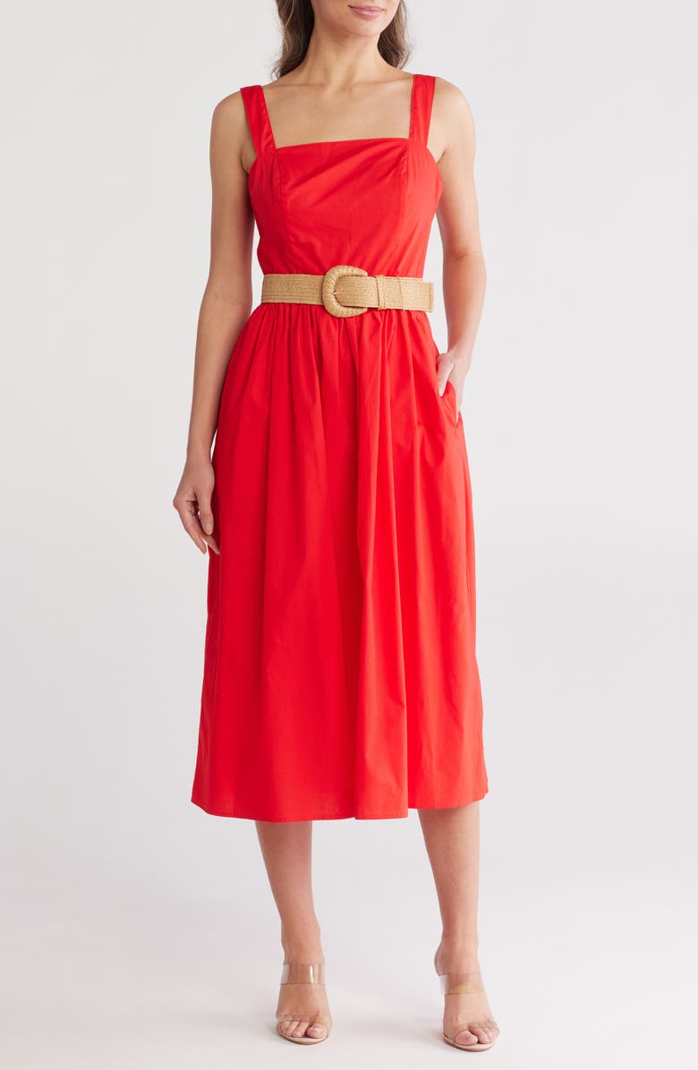 Eliza J Square Neck Belted Cotton Sundress, Main, color, Pop