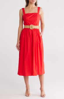 Eliza J Square Neck Belted Cotton Sundress