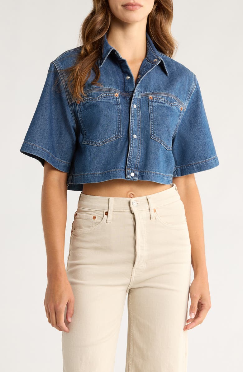 Re/Done Oversize Crop Denim Button-Up Shirt, Main, color, Rustic Indigo