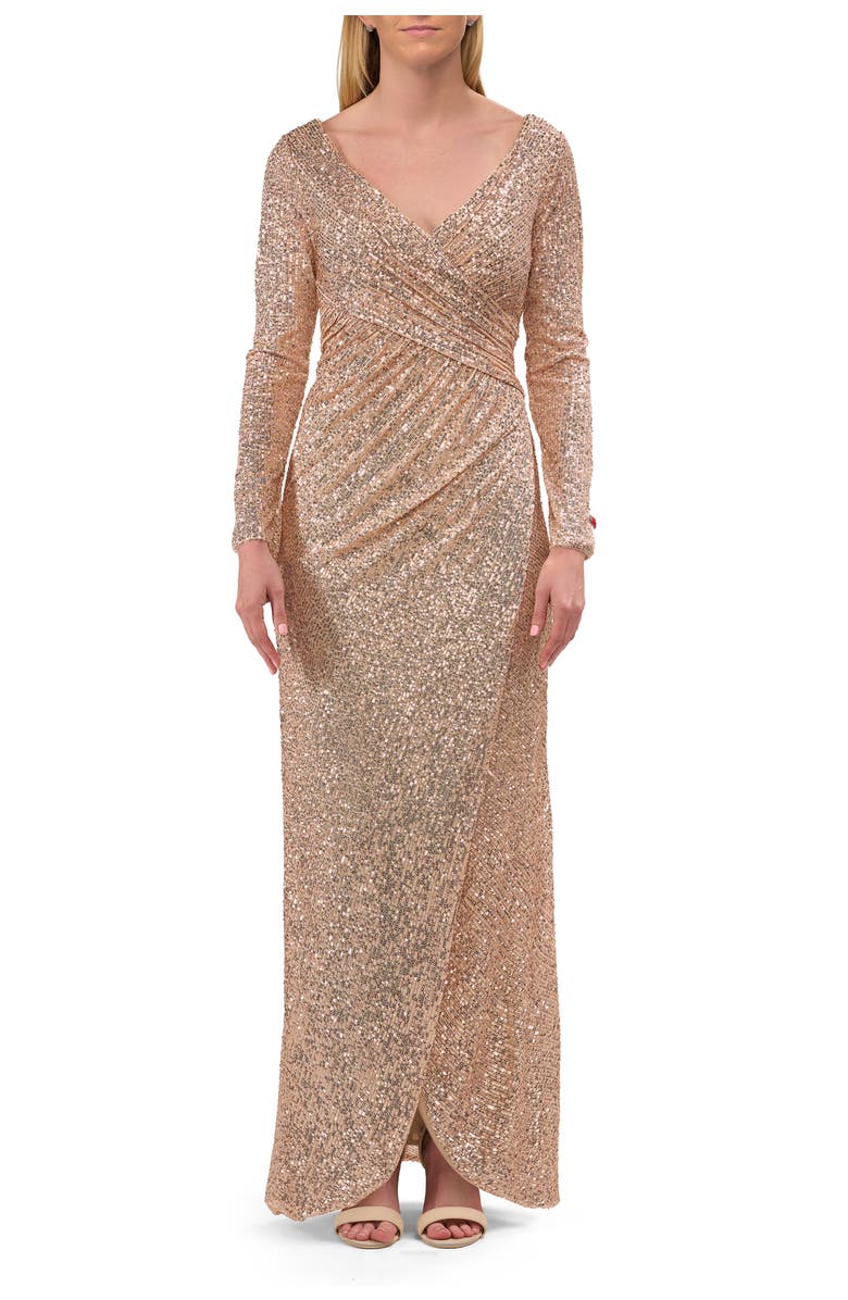 La Femme Long Sleeve Sequin Evening Dress with Ruching, Main, color, Rose Gold