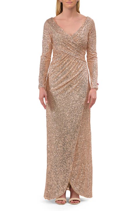 Long Sleeve Sequin Evening Dress with Ruching